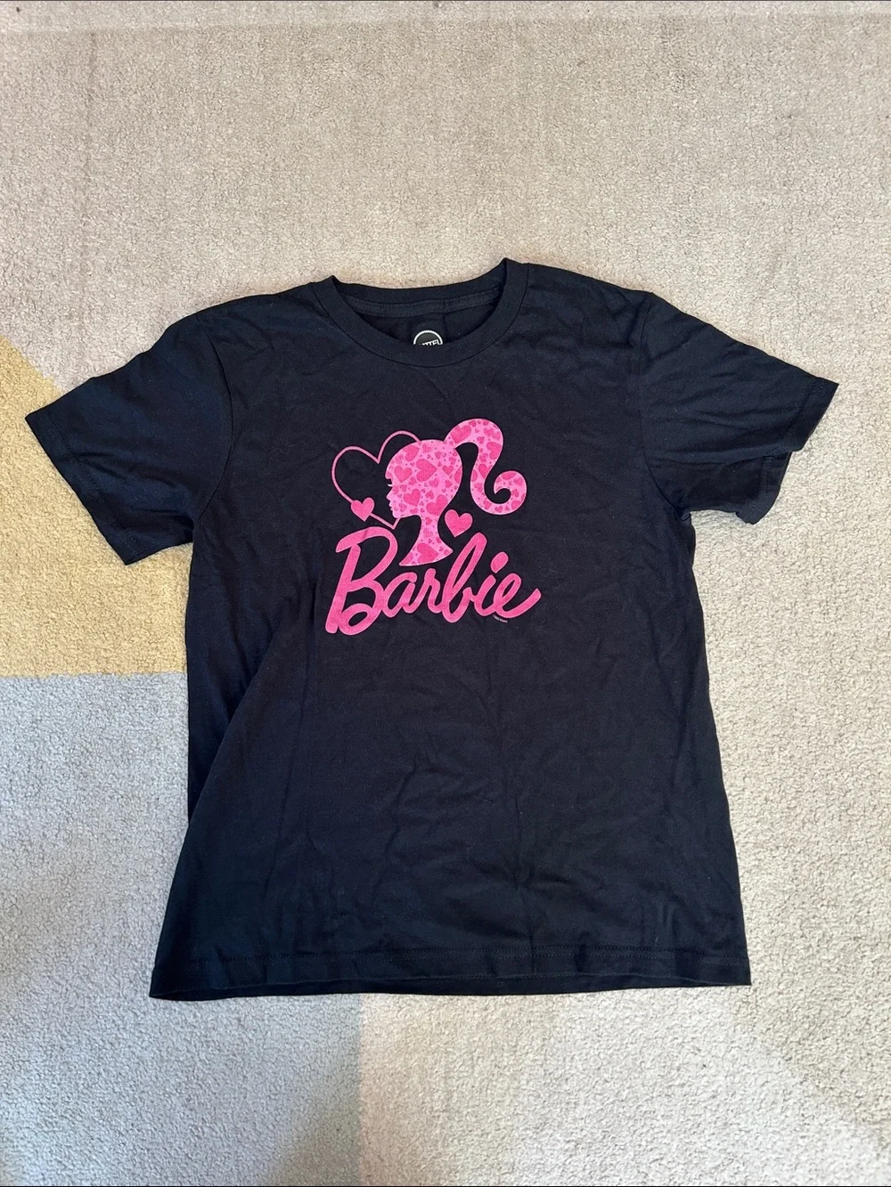Mattel Barbie Black Tee with Pink Logo and Silhouette